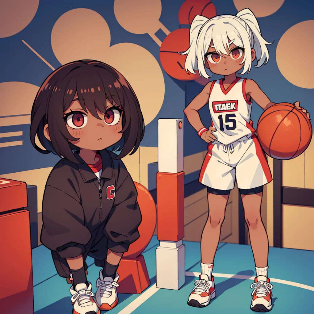 Stand in front of the photo、1girl in, (((dark skin))), Full body, long wild white hair pulled back, sneakers, look of concentration, kawaii pose, sporty, basketball, Wearing colored tights, up of face、Eye Up、Colorcon with heart pattern, basketball clothing, posing with basketball、