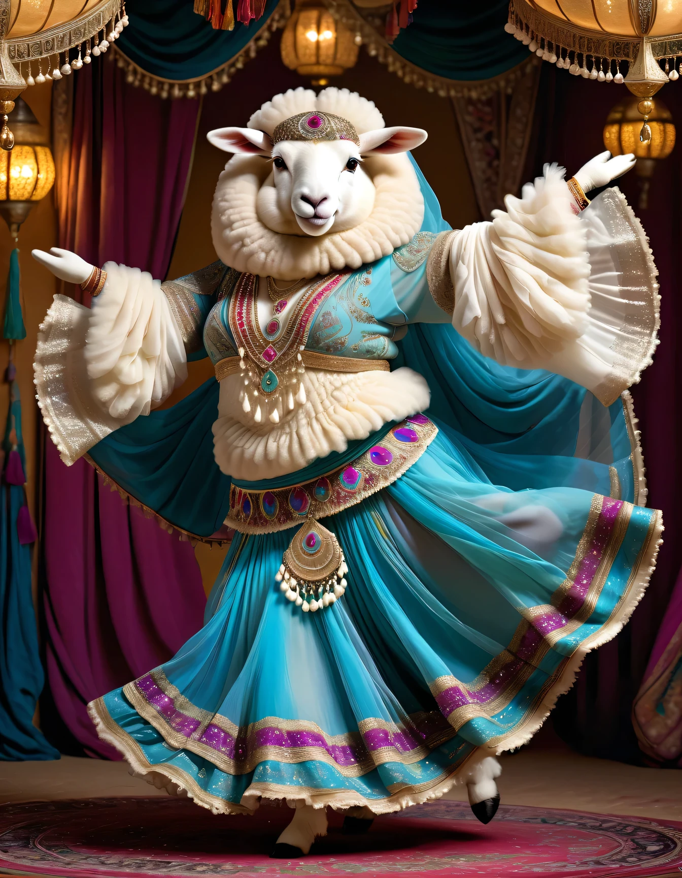 photorealistic portrait of Dressed animals - a ((fat)) (angora sheep) dancer,(furry), (dynamic dancing:2.0), (swinging arms :2.0),(happy smile:1.2),high quality,(happy),(lovely) ,intricate details, (sheer veil), highly detailed (( gypsy belly dancing clothes)) ,highly detailed decorations of clothes, Wearing gypsy belly dancing clothes, , (happy), soft lighting,(full body image:1.5),Arabian palace background,(viewed from side:2.0),