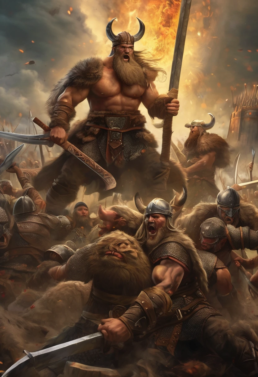 (Award-winning masterpiece:1.5), (incredible detail), (hyper realistic:1.4), (whole body:1.7), (ferocious battle between vikings and brutal creature), (viking warriors with axes and swords), (creature towering over them), (detailed combat scene), (blood splatter), (dramatic lighting), (intricate details:1.1)