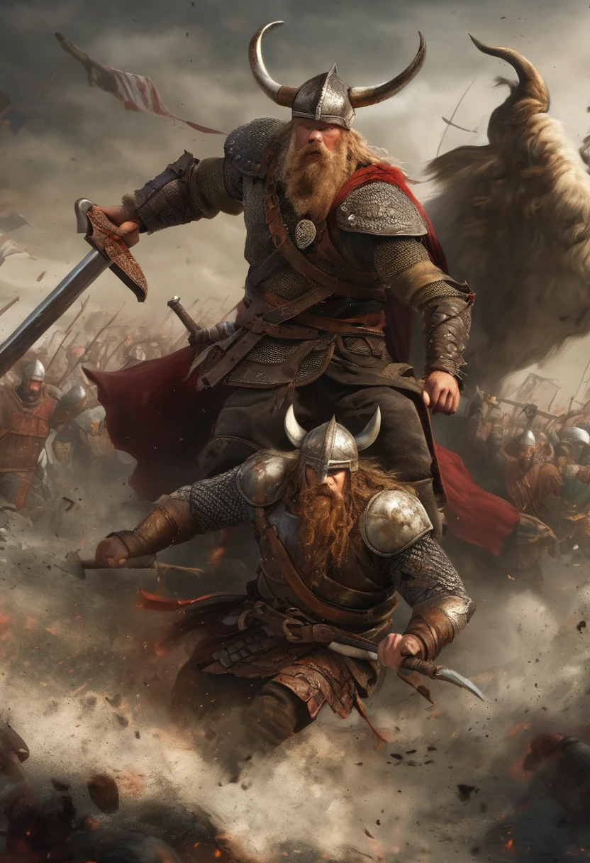 (Award-winning masterpiece:1.5), (incredible detail), (hyper realistic:1.4), (whole body:1.7), (ferocious battle between vikings and brutal creature), (viking warriors with axes and swords), (creature towering over them), (detailed combat scene), (blood splatter), (dramatic lighting), (intricate details:1.1)