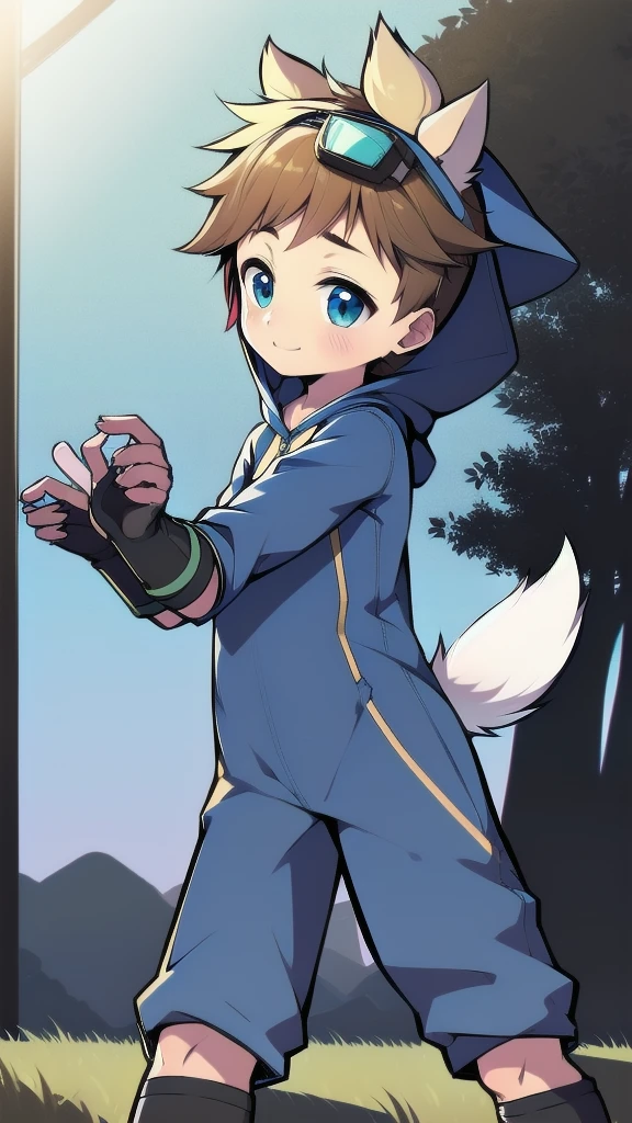 ((A young boy)),(Youthful feeling),One-piece mountaineering suit,Slender figure,Healthy limbs,Goggles,Fingerless gloves,Cotton socks,Short sleeve,stand up,happy,Rabbit ears,Rabbit Tail,hood