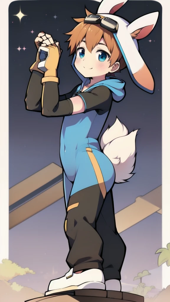 ((A young boy)),(Youthful feeling),One-piece mountaineering suit,Slender figure,Healthy limbs,Goggles,Fingerless gloves,Cotton socks,Short sleeve,stand up,happy,Rabbit ears,Rabbit Tail,hood