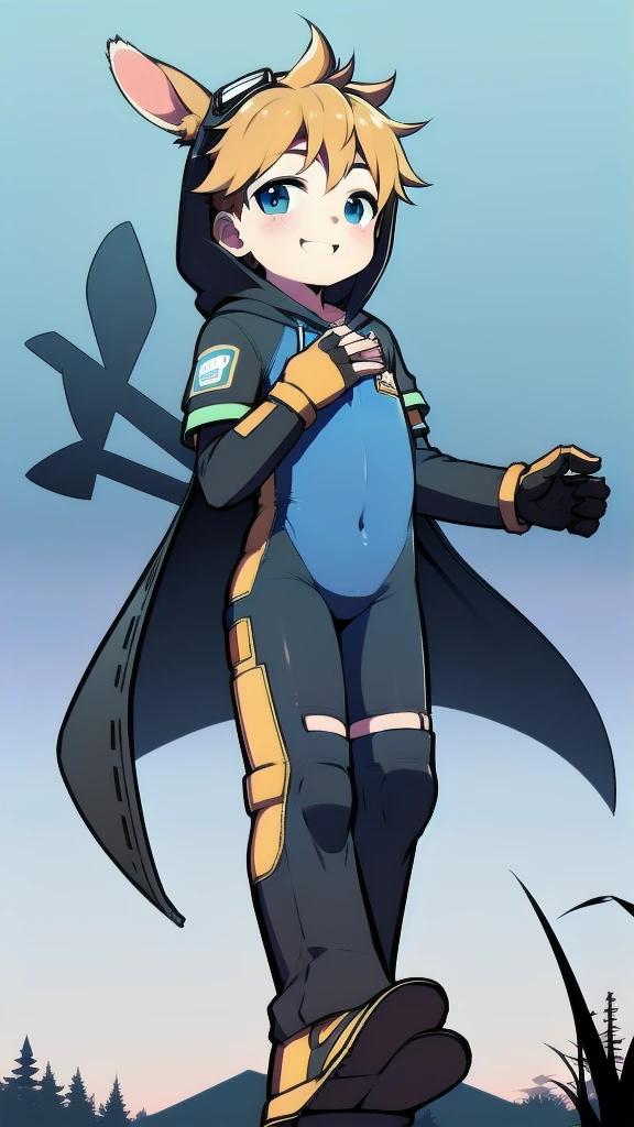 ((A  boy))，(Youthful feeling)，One-piece mountaineering suit，Slender figure,Healthy limbs，Goggles，Fingerless gloves，Cotton socks，Short sleeve，stand up，happy，Rabbit ears，Rabbit Tail，hood