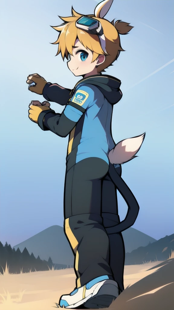 ((A young boy))，(Youthful feeling)，One-piece mountaineering suit，Slender figure,Healthy limbs，Goggles，Fingerless gloves，Cotton socks，Short sleeve，stand up，happy，Rabbit ears，Rabbit Tail，hood