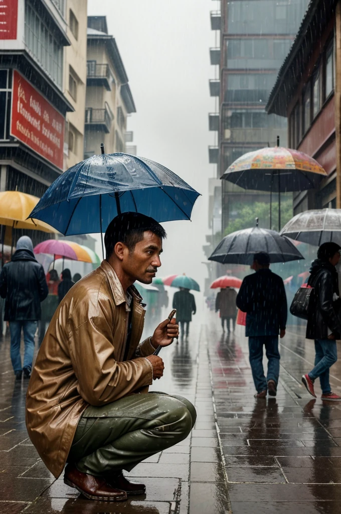 ((best quality)), ((masterpiece)), (detailed), perfect faceIn this rainy scene, amidst people strolling comfortably under colourful umbrellas, stands a solitary man getting soaked by the pouring rain. It illustrates life's unfairness where some are well-protected while others face adversity without resources. Next to him, a small girl holds a board asking for food, and a beggar seeks help.