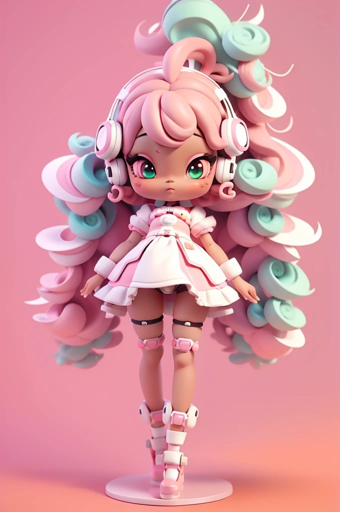 (full body);Create a series of cute black afro dolls chibi style afro skin; cyberpunk style; 3d; cute; 3d toy art; toy art; anime style; glitter; color pink; color white; Bunny details; cyberpunk details; robot limbs; wavy and curly hair; eyes must be large and apathetic, with long eyelashes and slightly pinkish cheeks; mechanical bunny eared headset; use all of the colors listed: pink, white, green, yellow, and orange