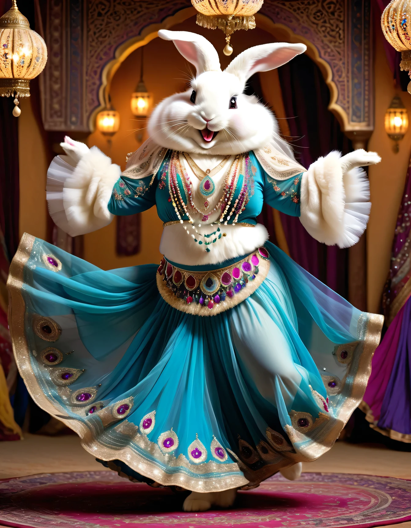 photorealistic portrait of Dressed animals - a ((fat)) (angora rabbit) dancer,(furry), (dynamic dancing:2.0), (swinging arms :2.0),(happy smile:1.2),high quality,(happy),(lovely) ,intricate details, (sheer veil), highly detailed (( gypsy belly dancing clothes)) ,highly detailed decorations of clothes, Wearing gypsy belly dancing clothes, , (happy), soft lighting,(full body image:1.5),Arabian palace background,(viewed from side:2.0),