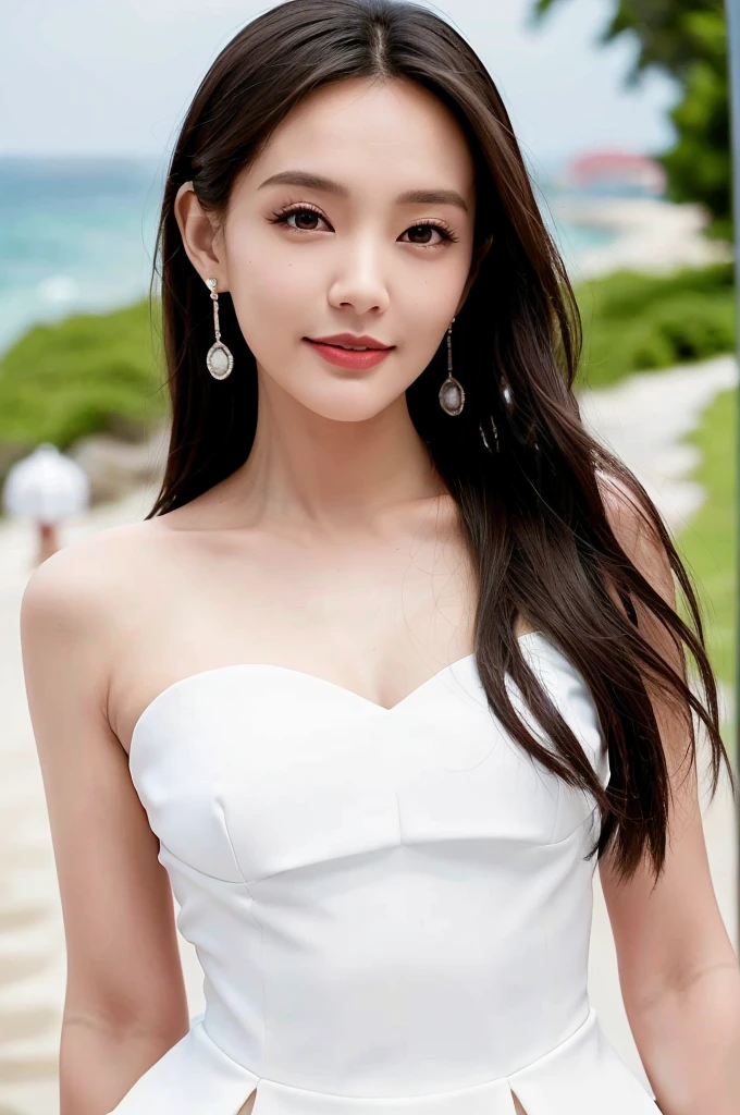 1 Girl, Solitary, Practical, Smile, Head tilt, White Wedding Dress, Grin, Upper Body, ( Beach, background:1.5), (OK:1.5), ulzzang-6500v1.1, (The original: 1.2), (Practical: 1.3) , beautiful girl,Beautiful details, Extremely detailed eyes and face, 眼睛有着Beautiful details, absurd, incredibly absurd, Huge file size, Ultra Detailed, high resolution, Ultra Detaileded, 最OK质量, masterpiece, illustration, Ultra Detaileded and beautiful, Ultra Detaileded, CG, Unite, 8k wallpaper, Astonishing, Fine details, masterpiece, Top quality, Official Art, extremely detailed CG Unite 8k wallpaper, light, (Perfect radiant skin:0.6), Slim and smooth lines, (floating), (Small Breasts:1), Diamond Earrings,