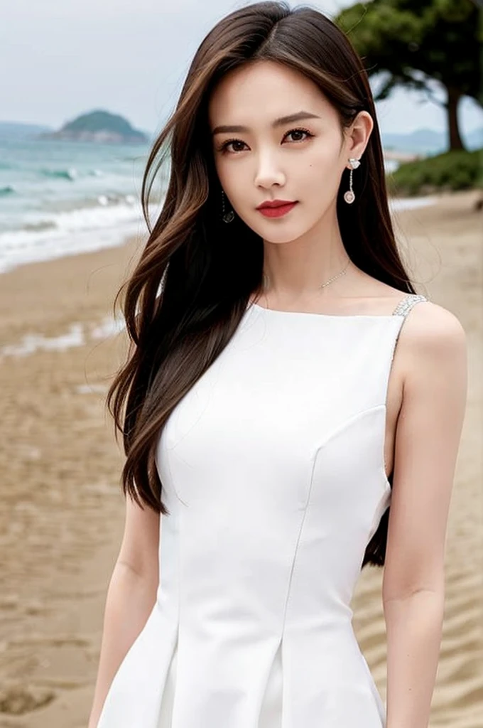 1 Girl, Solitary, Practical, Smile, Head tilt,  White Wedding Dress, Grin, Upper Body,  ( Beach,  background:1.5),  (OK:1.5), ulzzang-6500v1.1, (The original: 1.2), (Practical: 1.3) , beautiful girl，Beautiful details, Extremely detailed eyes and face, 眼睛有着Beautiful details, absurd, incredibly absurd, Huge file size, Ultra Detailed, high resolution, Ultra Detaileded, 最OK质量, masterpiece, illustration, Ultra Detaileded and beautiful, Ultra Detaileded, CG, Unite, 8k wallpaper, Astonishing, Fine details, masterpiece, Top quality, Official Art, extremely detailed CG Unite 8k wallpaper, light, (Perfect radiant skin:0.6), Slim and smooth lines, (floating), (Small Breasts:1),  Diamond Earrings, 