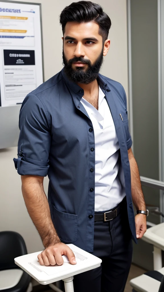 Attractive sexy male dentist with black hair and beard wearing buttoned down shirt standing in exam room