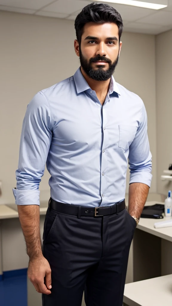 Man wore a office suit having blue curtains in background