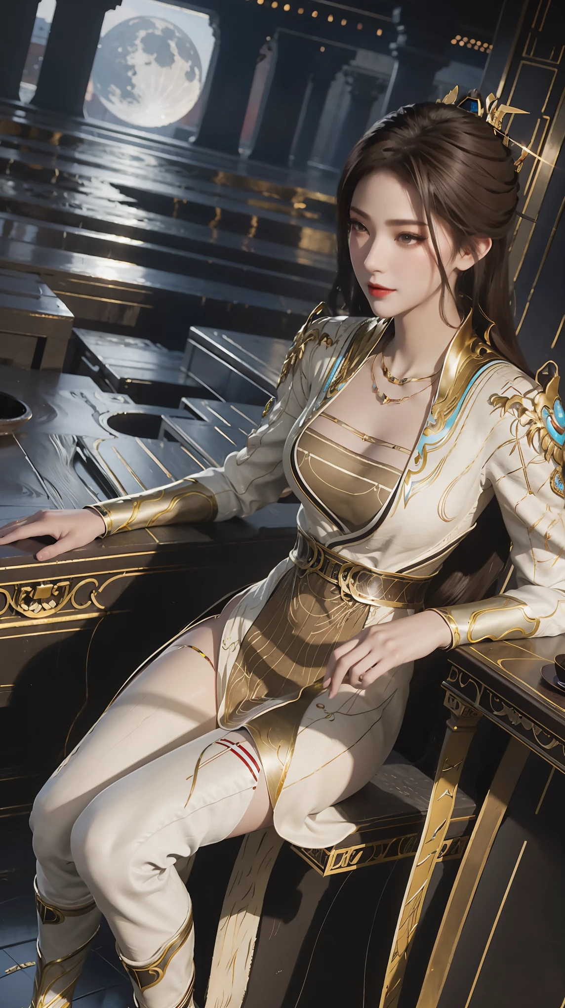 ((Shot in the knee)), Red lips, Mature woman, Exquisite makeup, Ethnic style, lifelike、The real situation、((Realistically:1.5))、White phalaenopsis around the hair,Lilac dendrobium、White Lily、1 girl、Brown hair、Flowing hair、Full breasts, slim, Slender sexy legs, Charming legs, Striking an elegant pose, Have extremely beautiful facial features、Hairpin on head、Perfect hands、(night、moon、cliff)、 Vector Art、Chinese Contemporary Art、Soft Light、look down