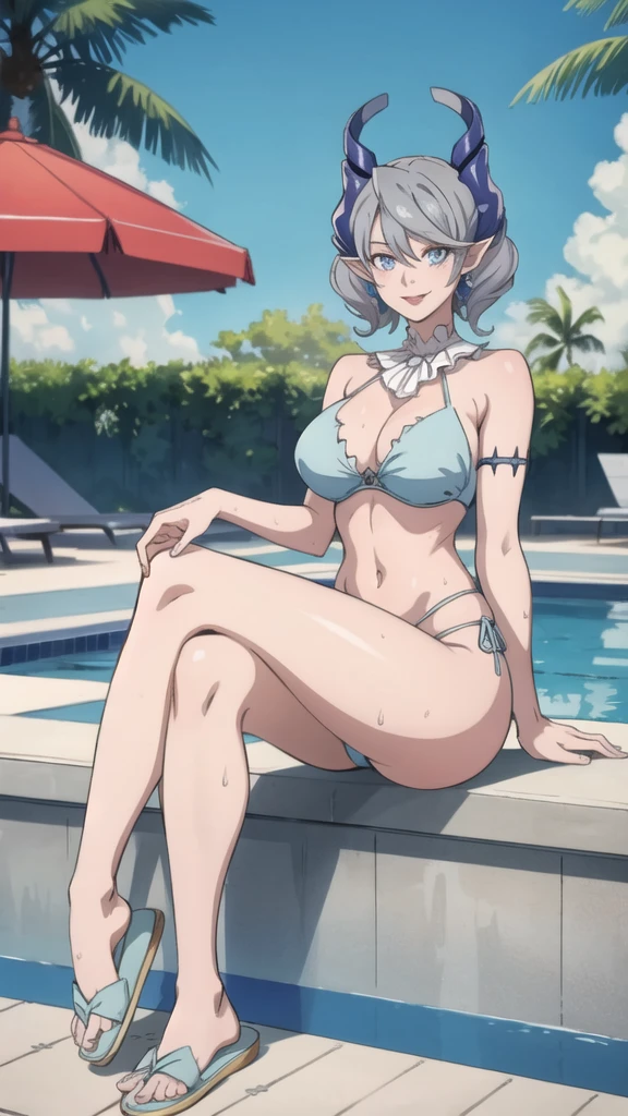 3 girls High level image quality best image quality 8K adult woman pool party rain palm trees more colors whole body view portrait mix color bikini horn ears short hair((shortcut)(gray hair)(perm)(fluffy)) eye color is blue , , attractive evil face , smile , sexy pose , labrynth , barearm , sittings by the pool , crossed legs , all wet , view foot arc , view sexy slippers