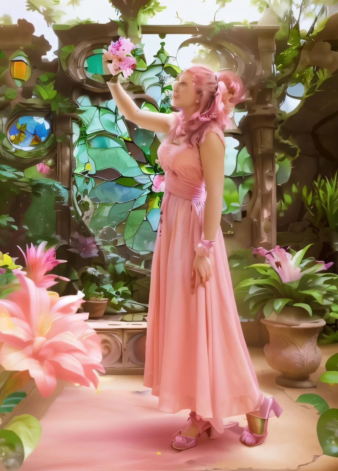 Woman in a pink dress in a fantasy garden, holding a flower with both hands. The garden has a large, colorful, stained glass window and is filled with exotic plants.