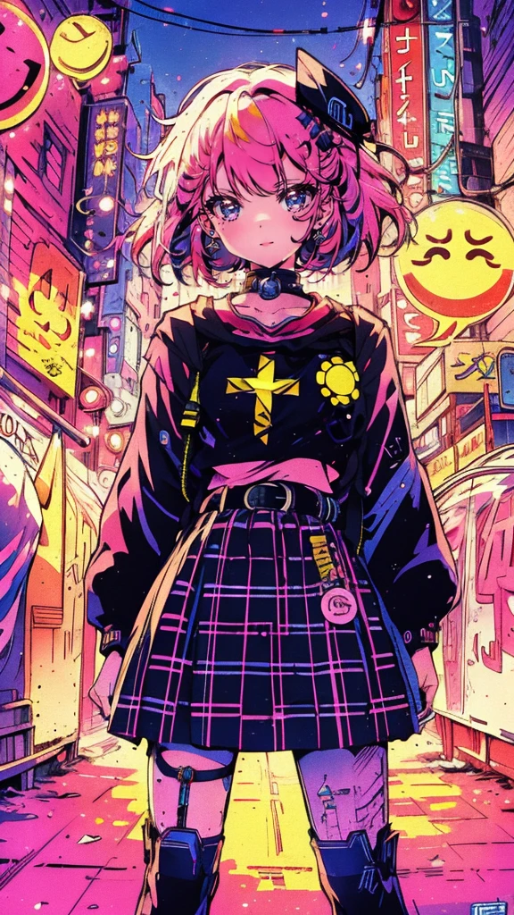 A solo girl teenager standing in a vibrant street filled with colorful graffiti, with several smiley faces and 'Bomma' badges on the walls, wearing church-inspired fashion. The scene is lively, with a hint of rebellion and urban culture. Cha Cha dancing in the background, neon lighting, vibrant colors, dynamic angle, high contrast, abasterpiece)), ((best quality)), ultra detailed,((illustration)), dynamic angle, detailed light, (delicate eyes), (ahoge:0.8),apathy, ray,frontage,style of anime4 k, 4k anime wallpaper, badass anime 8 k, 4 k comic wallpaper