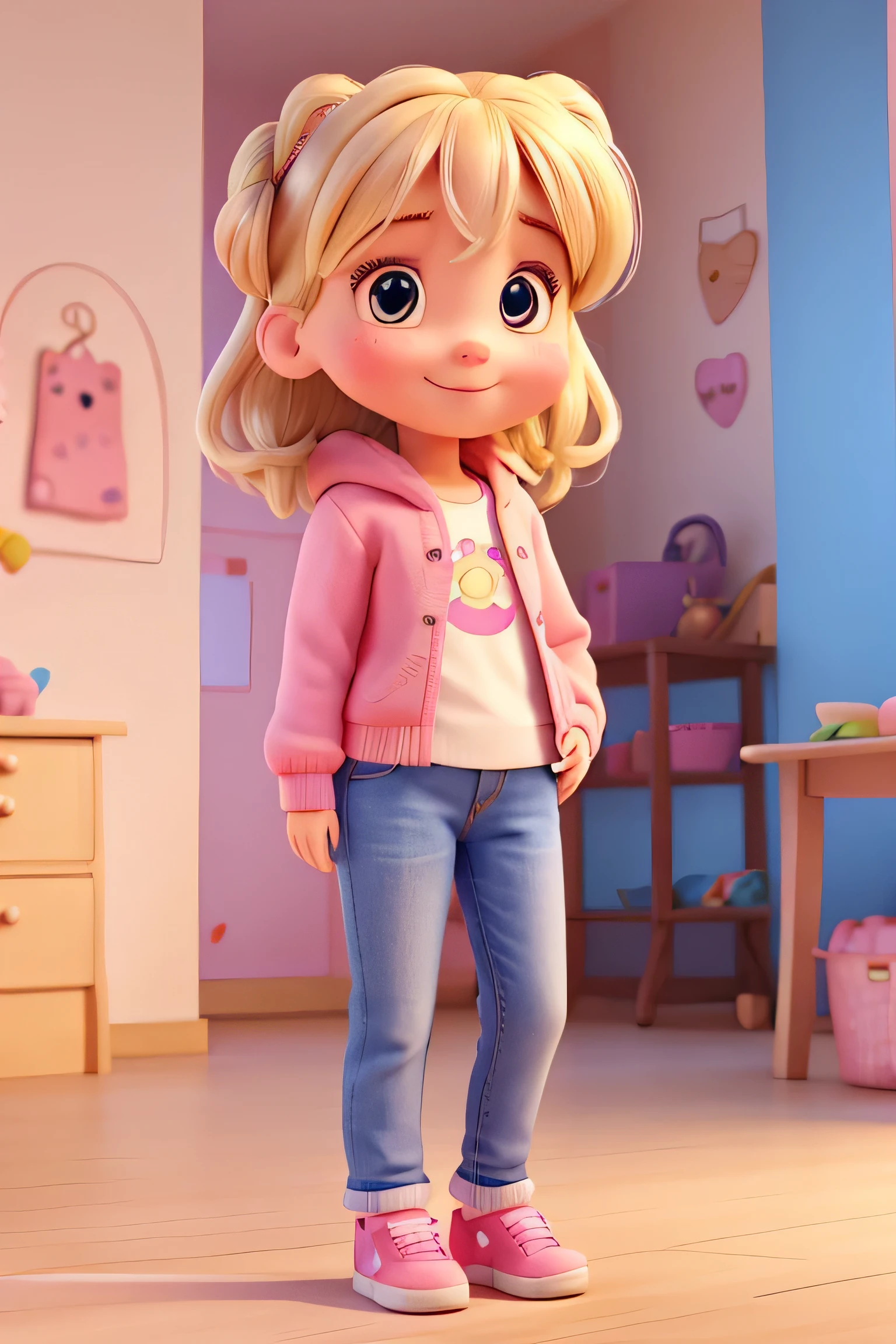 4 year old girl, big soft eyes, cute smile, blonde hair in two buns, rosy cheeks and pink sweatshirt and blue jeans, full body pose
pixar style