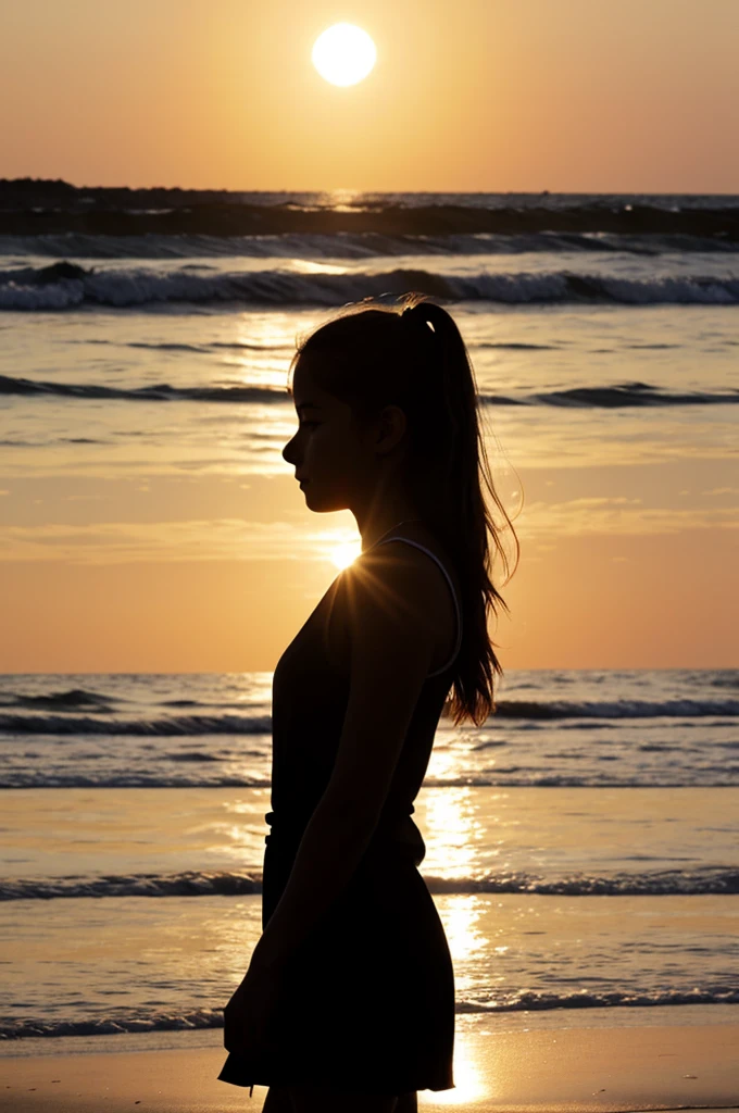 A silhoutte photo of a  girl looking at the sun at a beach