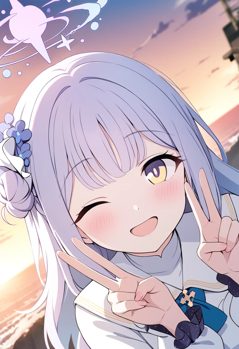 masterpiece,bestquality,1girl, mika\(blue archive\), blue archive, game cg, solo, double v, happy, (looking at viewer), one eye closed, upper body, spoken_heart, cinematic angle, depth of field, outdoors, sunset