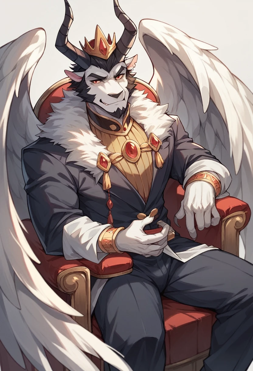Create image a 18 year old boy is sitting on a king chair with white wings and behind him the color of the wall is gray on which "D BOSS LOVER CHETU" is written in curve style