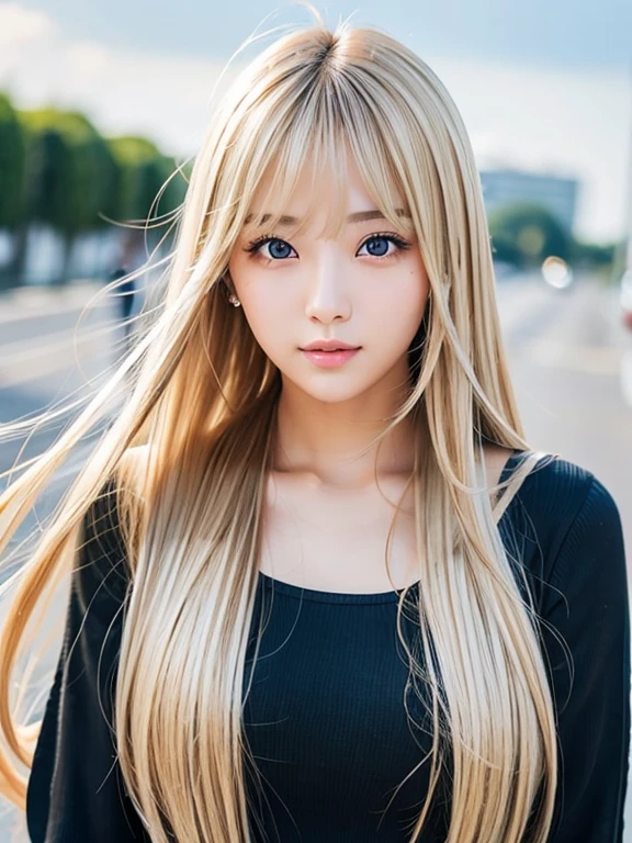 Sexy big 、24 years old beautiful girl sexy and cute looks and cute, Beautiful and sexy face、A strong wind blows my hair in front of my face、Long, metallic blonde straight hair、Beautiful, cute and sexy eyes hidden behind long bangs。