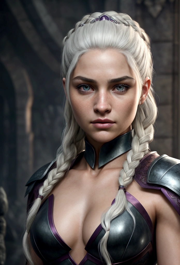 A realistic image for a photograph of a Targaryen princess in the appearance of a Targaryen warrior. Her body is incredibly defined, muscular, and feminine, reflecting both strength and grace. Her white hair cascades in multiple braids, adorned with intricate details. Her clear violet eyes emit a radiant energy, giving her an almost otherworldly aura. Her thick and precisely shaped eyebrows frame her striking and perfectly symmetrical face. The teenage girl of classic Valyrian appearance, with white hair, purple eyes and slim build, with violet eyes. Her expression is one of solemn determination, reflecting her preparation for battle. In the background, An active volcano spews fiery plumes, Its molten intensity contrasting with the gray sky above. The camera chosen captures the warrior's entire body, showing both her warrior stance and her inherent elegance. The image conveys the perfect mix of beauty, strength, and ferocity that defines this Targaryen warrior. The contrast between his delicate features and his robust physique, combined with the fiery backdrop, creates an image that is both captivating and evocative, Cinematic, Hyper Detailed, Crazy Details, Beautifully Colored, Unreal Engine, DOF, Super Resolution, Mega Pixel , cinematic Lightning, Antialiasing, FKA, TXAA, RTX, SSAO, Post-processing, Post-production, Tone mapping, cgi, visual effects, sound effects, Incredibly detailed and intricate, Hyper maximalist, Hyper realistic, volumetric, Photorealistic, ultra photoreal , ultra detailed, intricate details, super detailed, full color, volumetric lightning, HDR, realistic, Unreal Engine, 16k, sharp focus, octane rendering