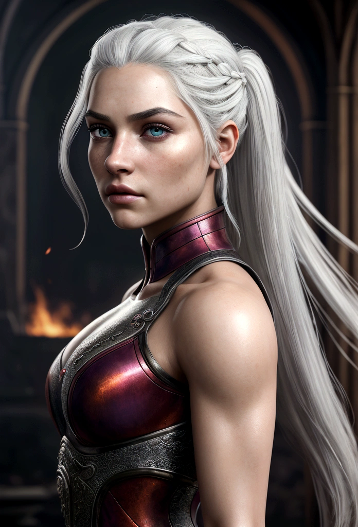 A realistic image for a photograph of a Targaryen princess in the appearance of a Targaryen warrior. Her body is incredibly defined, muscular, and feminine, reflecting both strength and grace. Her white hair cascades in multiple braids, adorned with intricate details. Her clear violet eyes emit a radiant energy, giving her an almost otherworldly aura. Her thick and precisely shaped eyebrows frame her striking and perfectly symmetrical face. The age girl of classic Valyrian appearance, with white hair, purple eyes and slim build, with violet eyes. Her expression is one of solemn determination, reflecting her preparation for battle. In the background, An active volcano spews fiery plumes, Its molten intensity contrasting with the gray sky above. The camera chosen captures the warrior's entire body, showing both her warrior stance and her inherent elegance. The image conveys the perfect mix of beauty, strength, and ferocity that defines this Targaryen warrior. The contrast between his delicate features and his robust physique, combined with the fiery backdrop, creates an image that is both captivating and evocative, Cinematic, Hyper Detailed, Crazy Details, Beautifully Colored, Unreal Engine, DOF, Super Resolution, Mega Pixel , cinematic Lightning, Antialiasing, FKA, TXAA, RTX, SSAO, Post-processing, Post-production, Tone mapping, cgi, visual effects, sound effects, Incredibly detailed and intricate, Hyper maximalist, Hyper realistic, volumetric, Photorealistic, ultra photoreal , ultra detailed, intricate details, super detailed, full color, volumetric lightning, HDR, realistic, Unreal Engine, 16k, sharp focus, octane rendering