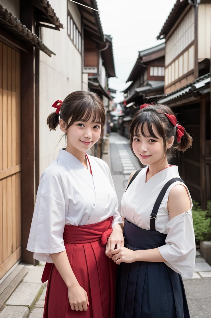 2 girls standing in old-Japanese street,white hakama top,red hakama bottom,18-year-old,bangs,a little smile,short hair and low pigtails with red ribbon bow,from before,front light