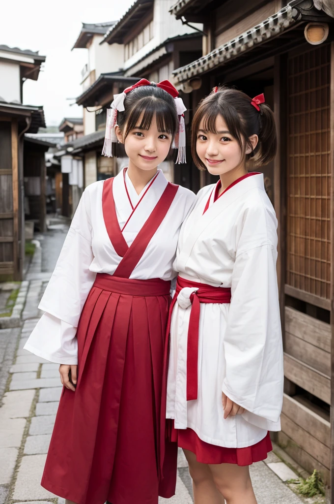 2 girls standing in old-Japanese street,white hakama top,red hakama bottom,18-year-old,bangs,a little smile,short hair and low pigtails with red ribbon bow,from before,front light