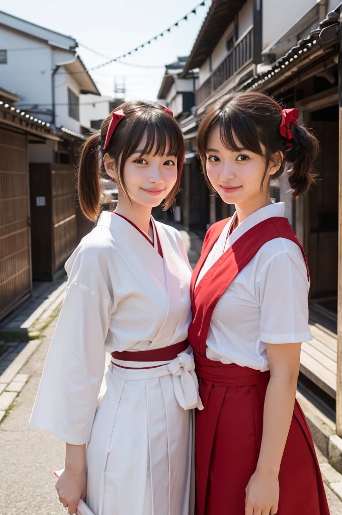 2 girls in old-japan town,white hakama-top,dark red school skirt,vermilion string-hair-bow,18-year-old,bangs,a little smiles,thighs,crotch,knees,pigtail,from below