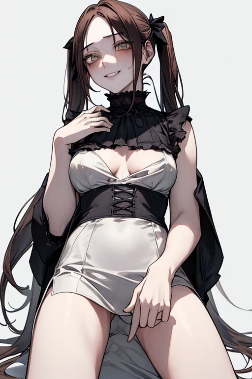Top Quality, (Background Detail), On top of man, looking down, view from below, full body, spread legs, slip, high contrast, super beautiful girl, detailed original illustration, sensual, delicate face, attractive, bad girl, sexy, looking at camera, real breasts, twintails, stalker, Crazy Smile, Crazy Eyes, Heads Up, Pale Skin, Bloody, Dark Hair, Yandere, Mine-ish, ta, Beautiful Line Drawing