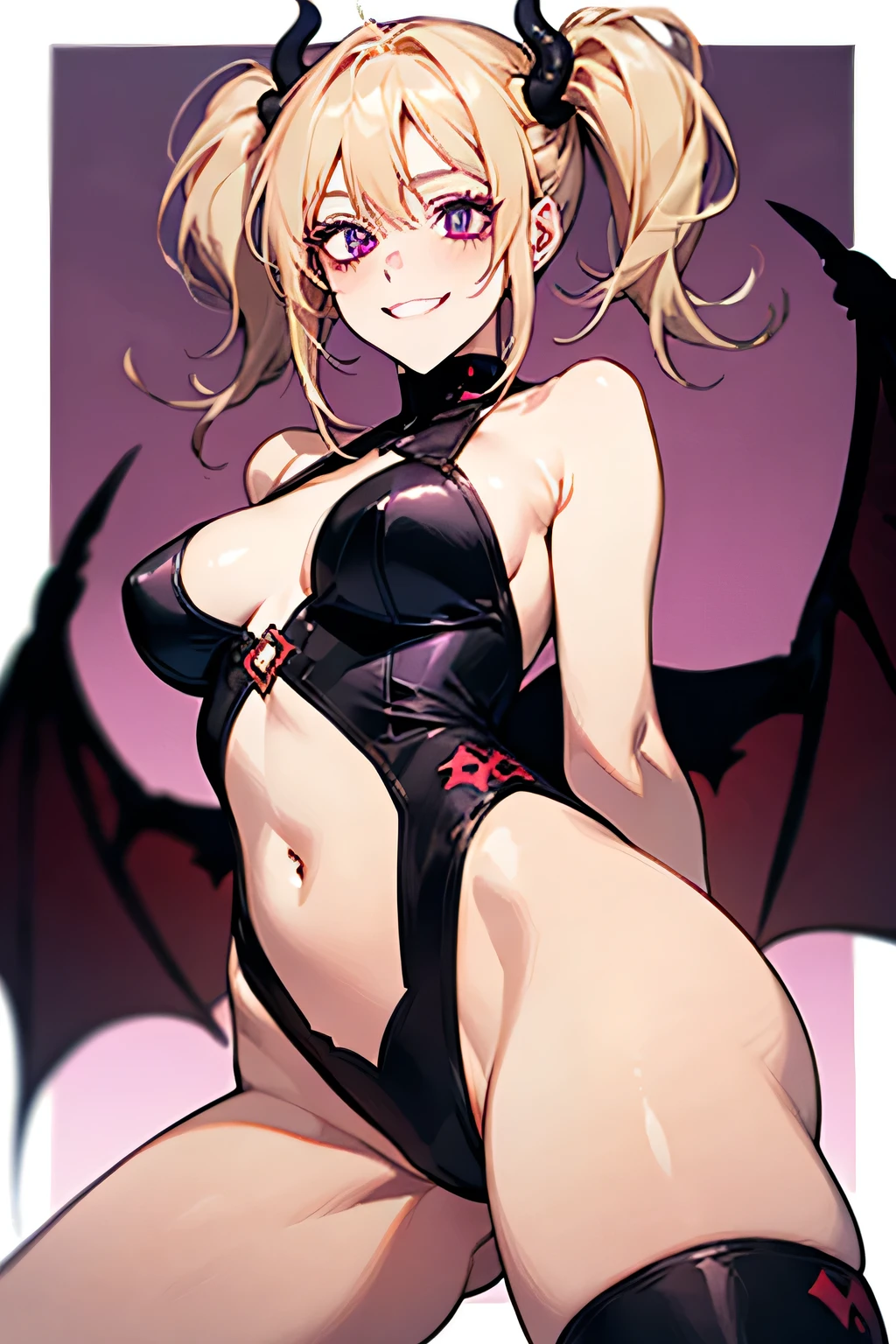 Succubus,Twin tails，Provocative smile，Blonde,Purple devil wings，One devil&#39;s tail.     Full moon in the background.