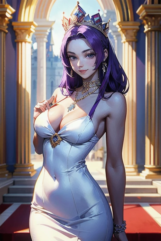 ((Commemorative photo)),((masterpiece)),High resolution,8K,Young Queen,Beautiful Queen,(alone),(Perfect female body),(skinny:1.5),Crown,choker,(Huge breasts:0.8),Gorgeous Necklace,Gorgeous white dress,(((Lavish decoration))),smile,Perfect Face,Purple Hair,Gorgeous castle,palace,Red carpet,(Pureros Face v1:1.1),