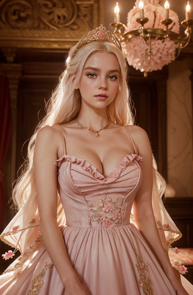 White Blonde hair, fluffy hair, stylish hair, long hair, lilac eyes, perfect eyes, beautiful, perfect face, tween, dainty , short, kind, , a flowing pale airy gown with ruffles along the bottom with tiny pink flowers and gold dragon embroideries with flowers, Her tiara had a pretty teal gemstones, silver necklace, noble class, royal, royalty, red castle, feasting hall, medieval, elegant surroundings, soft dewy makeup look, light peach blush, soft tan eyeshadow, light coral lipstick, cutesy, girlish, girly, guileless, ingénue, princess , whimsical lighting, Targaryen, dragons in the sky, photorealistic

