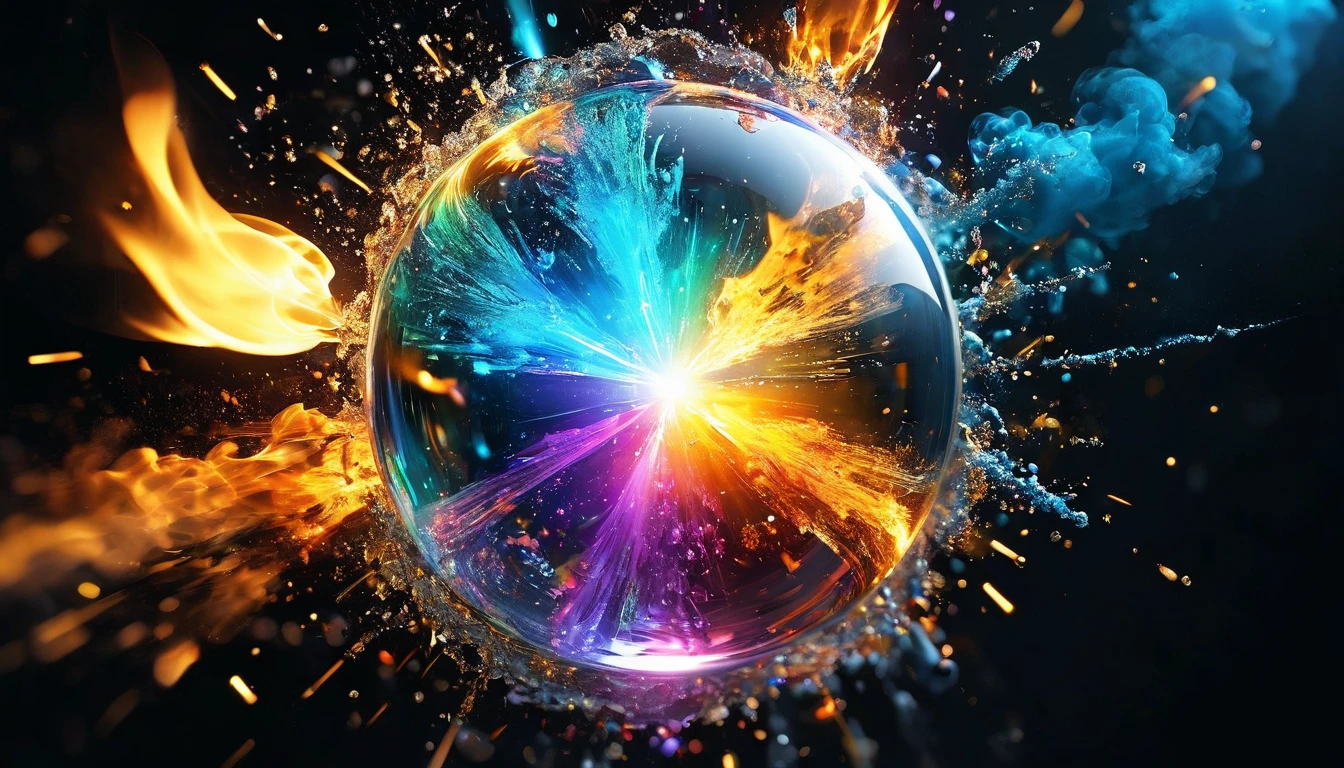 Visualize an explosive burst of fine powder in 3D, where each particle glows with a metallic sheen. In the center, place a clear glass, shiny round light bulb surrounded by this explosive burst. The colors should spread dynamically across a solid black backdrop, creating a striking contrast and emphasizing the brilliance of the metallic elements.