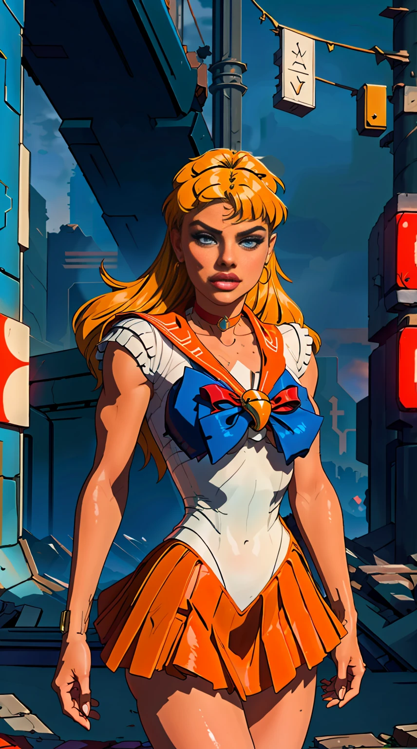 (La mejor calidad,A high resolution,Ultra - detallado,actual),Selena Gomez, (masterpiece, best quality;1.3), very detailed CG, very detailed, 1 girl, alone,  laugh,  looking at viewer, stylish angle, blonde long hair,blue eyes,
sv1, Sailor Sensi Uniform, Orange skirt, elbow bag, tiara, Orange Sailor Color, red bow, Orange Choker, white gloves, bijouterie, from above,,(Fondo de ruinas de mazmorra en ruinas cyberpunk :1.4 )
I have a lot of heart, face focus,venus,hurricane,abstract background, galaxy background,(Sailor Venus:1.4), (Sailor Venus V2.1), ,(Fondo de ruinas de mazmorra en ruinas piedras grandes cyberpunk :1.4 ),(perfect anatomy :1.4), (cinematic lighting :1.4),( dynamic cowboy pose), (fondo lluvia cayendo nublado tenebroso :1.4), (Selena Gomez :1.4), (Selena Gomez V2.1),( dedos detailed :1.4) 