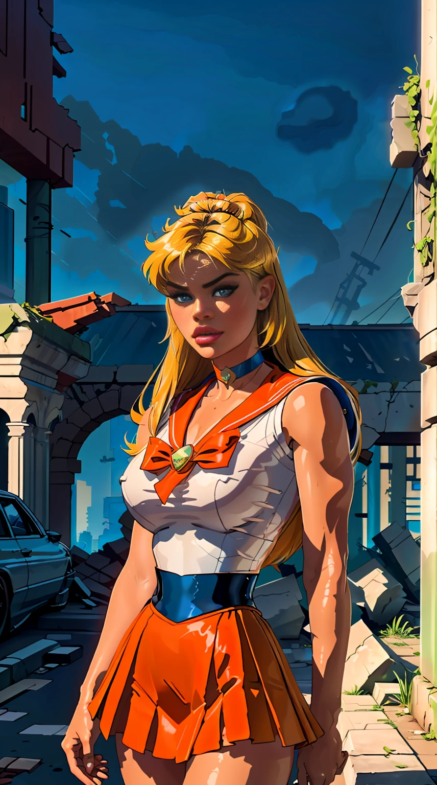 (La mejor calidad,A high resolution,Ultra - detallado,actual),Selena Gomez, (masterpiece, best quality;1.3), very detailed CG, very detailed, 1 girl, alone,  laugh,  looking at viewer, stylish angle, blonde long hair,blue eyes,
sv1, Sailor Sensi Uniform, Orange skirt, elbow bag, tiara, Orange Sailor Color, red bow, Orange Choker, white gloves, bijouterie, from above,,(Fondo de ruinas de mazmorra en ruinas cyberpunk :1.4 )
I have a lot of heart, face focus,venus,hurricane,abstract background, galaxy background,(Sailor Venus:1.4), (Sailor Venus V2.1), ,(Fondo de ruinas de mazmorra en ruinas piedras grandes cyberpunk :1.4 ),(perfect anatomy :1.4), (cinematic lighting :1.4),( dynamic cowboy pose), (fondo lluvia cayendo nublado tenebroso :1.4), (Selena Gomez :1.4), (Selena Gomez V2.1),( dedos detailed :1.4) 