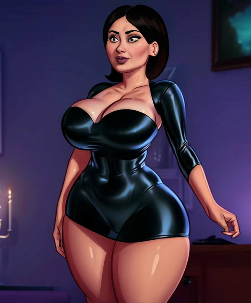 (best qualityer,4K,8K,high resolution,work of art:1.2),ultra detali,(realisitic,photorealisitic,photo-realisitic:1.37),hdr,ultra HD,studio lighting,extreme detailed description,proffesional,bright coloured,bokeh,portraits,Gothic style:1.1,dark atmospher,dramatic shadows,glamorous lighting,strong colors,Contrasting elements,film composition,Tips of red and black,seducing gaze,fleshy lips,perfectly contoured cheeks,olhos intensos,seductive expression,elegant black hair with a touch of purple,smooth and silky skin,curved body:1.1,fit and toned physique,Bold and revealing outfit,Latex and leather material,web wings,tattoos on exposed skin,confident stance,dominant presence, but charming,captivating energy,fierce and captivating,Dominant power,bold and provocative.