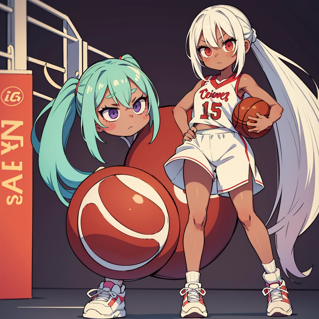 Stand in front of the photo、1girl in, (((dark skin))), Full body, long wild white hair pulled back, sneakers, look of concentration, kawaii pose, sporty, basketball, Wearing colored tights, up of face、Eye Up、Colorcon with heart pattern, basketball clothing, posing with basketball、