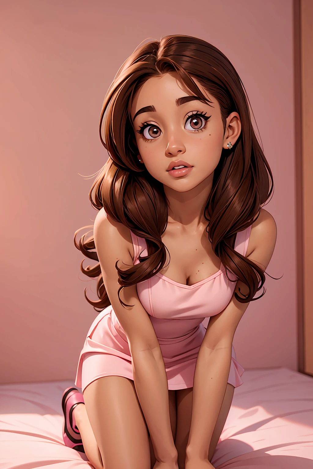 Ariana Grande, Long brown hair, light brown eyes, pink mini dress, room background, on her knees, front View, looking camera, sexy look