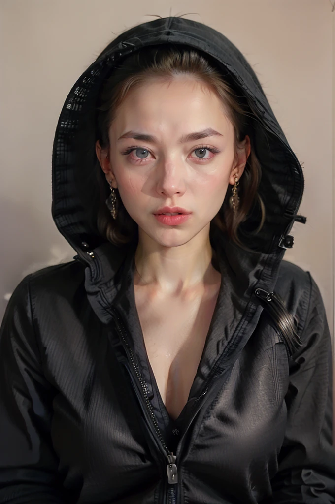 eliza1,1girl, solo, (realistic),(hyperrealism),(best quality),(masterpiece),(ultra high res),(photorealistic),(film grain),(upper body), eye makeup,detailed eyes,detailed face,black jacket, posing for a photo, outside winter, giant , tall girl, 25 years old, superstrong girl, hiper giant muscle 