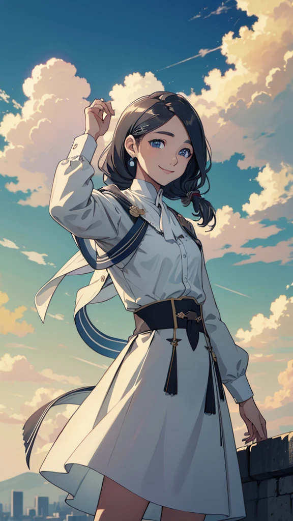 masterpiece, best quality, shawl, Hairpin,shirt,skirt, Sky, cloud, outdoor, Smile, Atmospheric perspective,Fashion pose