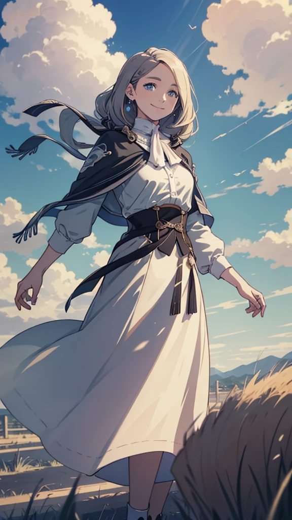 masterpiece, best quality, shawl, Hairpin,shirt,skirt, Sky, cloud, outdoor, Smile, Atmospheric perspective,Fashion pose