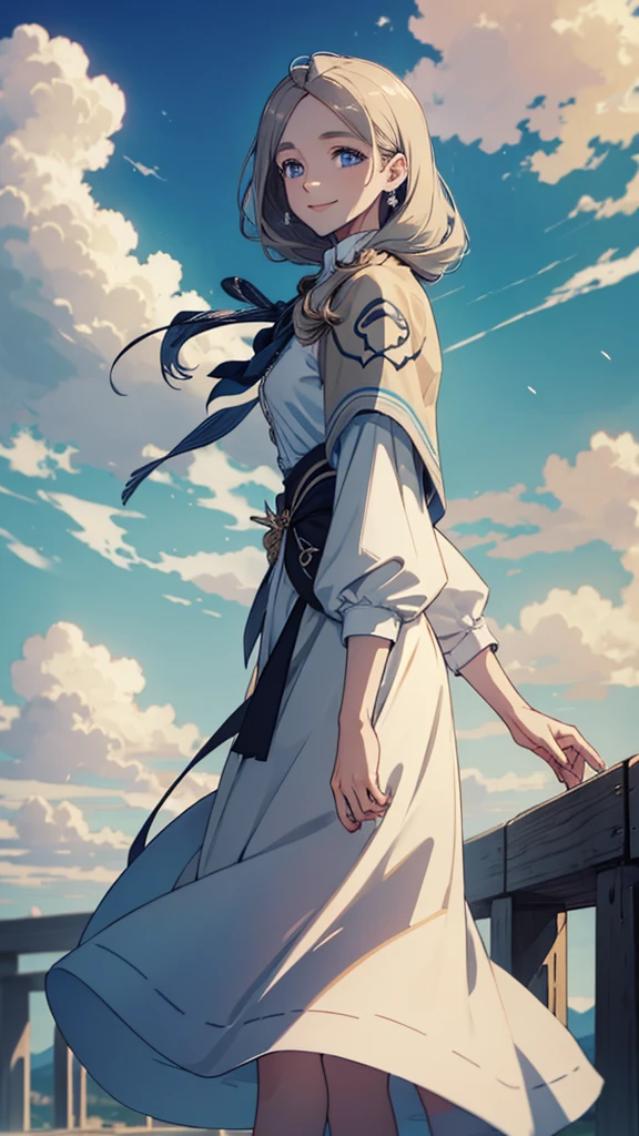 masterpiece, best quality, shawl, Hairpin,shirt,skirt, Sky, cloud, outdoor, Smile, Atmospheric perspective,Fashion pose