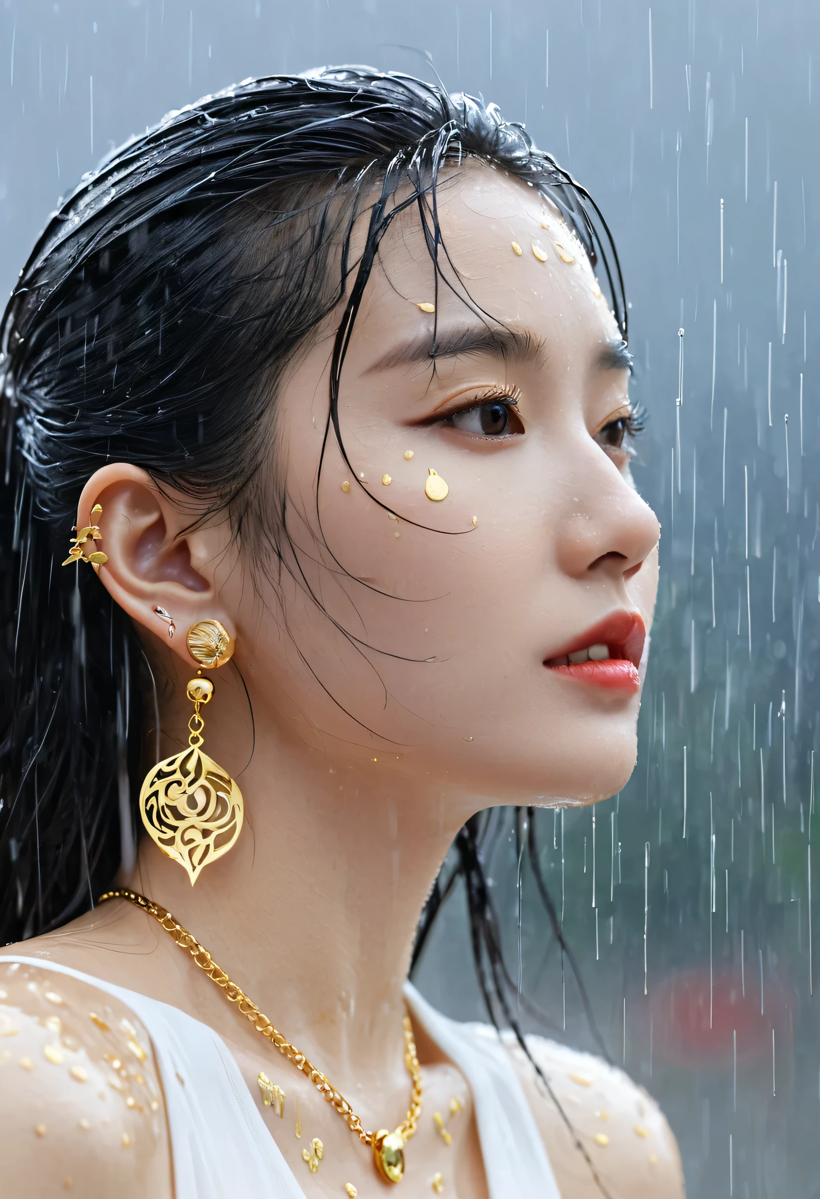 Gold Tattoo，Girl with gold earrings in the rain, Using VRay tracking style, Martin, yuumei, Inverted, close up, Dark white and gold, sketch, masterpiece, best quality,