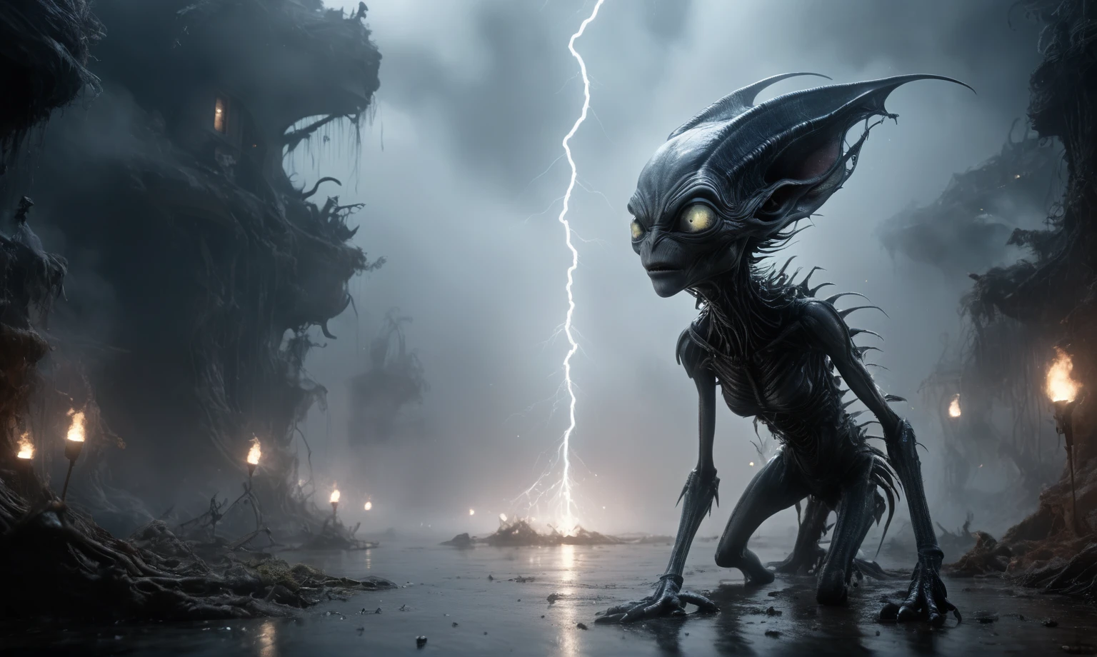 full body length,niobium goblin,native africa xenomorph,once pretty face,eyebrow up,full body shot,ominous landscape,niobium gray atmosphere,photo,photorealism,Masterpiece,natural skin textures, hyper realism,hyper detailed,High contrast,Realism,Ultra Detailed,irina yermolova,close full body shot,32K resolution,Nikon Z9, ,demonic, dust, smoke, audience, mist, featuring ultra-realistic and hyper-realistic elements,
  Marta Bevacqua, Ellen Jewett, Kawacy, Katsuya Terada, Carne Griffiths, explosive lightning, concert lighting,  bokeh,  luminal space that feels
 both bright and surreal. Includes liquid fluid elements for added depth and movement. Rendered in an unreal 
engine and post-processed to achieve . Evokes a sense of dreamy, ethereal 
and mystical mood,horror pixar movie still,thriller disney movie ,pixar render, animated 