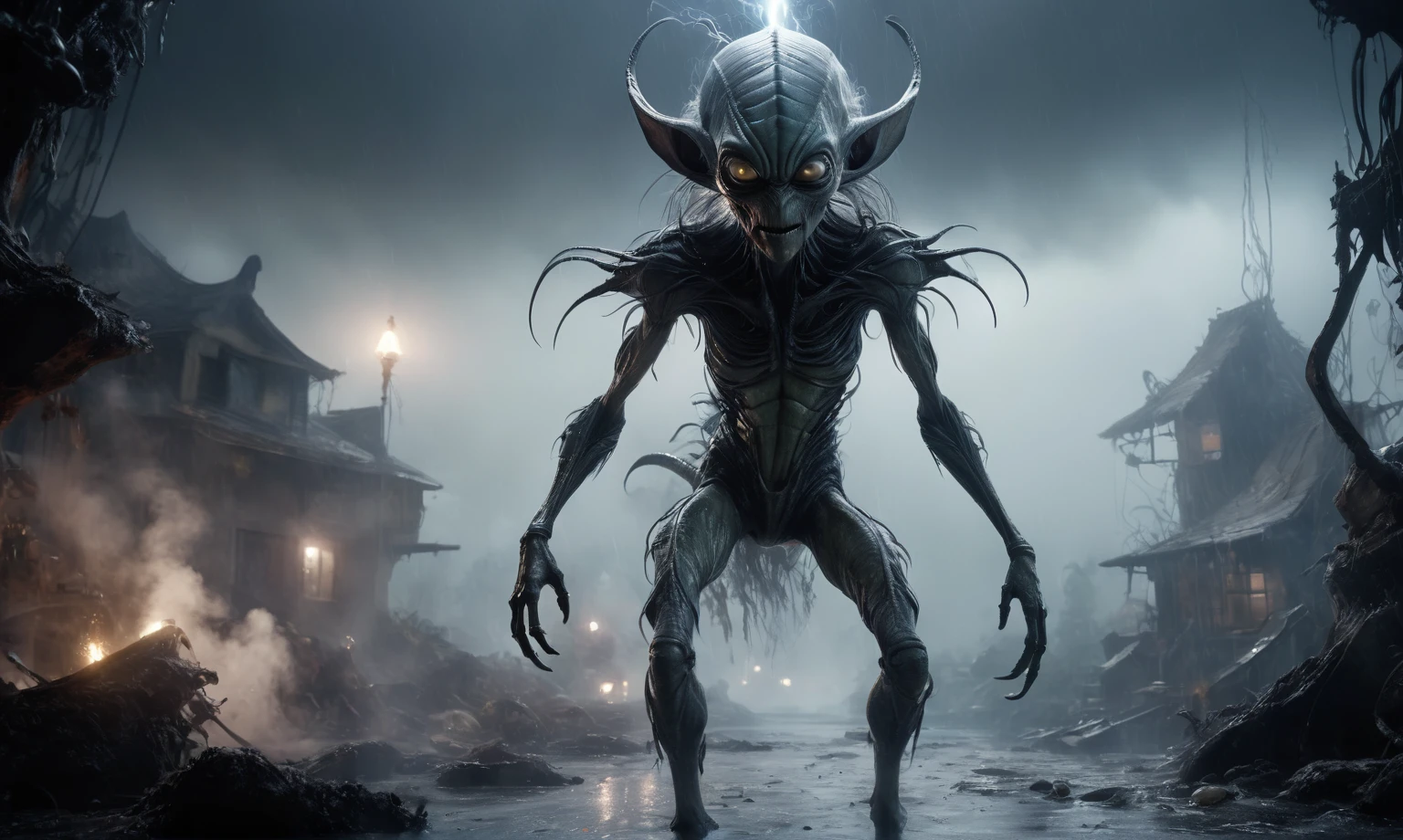 full body length,niobium goblin,native africa xenomorph,once pretty face,eyebrow up,full body shot,ominous landscape,niobium gray atmosphere,photo,photorealism,Masterpiece,natural skin textures, hyper realism,hyper detailed,High contrast,Realism,Ultra Detailed,irina yermolova,close full body shot,32K resolution,Nikon Z9, ,demonic, dust, smoke, audience, mist, featuring ultra-realistic and hyper-realistic elements,
  Marta Bevacqua, Ellen Jewett, Kawacy, Katsuya Terada, Carne Griffiths, explosive lightning, concert lighting,  bokeh,  luminal space that feels
 both bright and surreal. Includes liquid fluid elements for added depth and movement. Rendered in an unreal 
engine and post-processed to achieve . Evokes a sense of dreamy, ethereal 
and mystical mood,horror pixar movie still,thriller disney movie ,pixar render, animated 