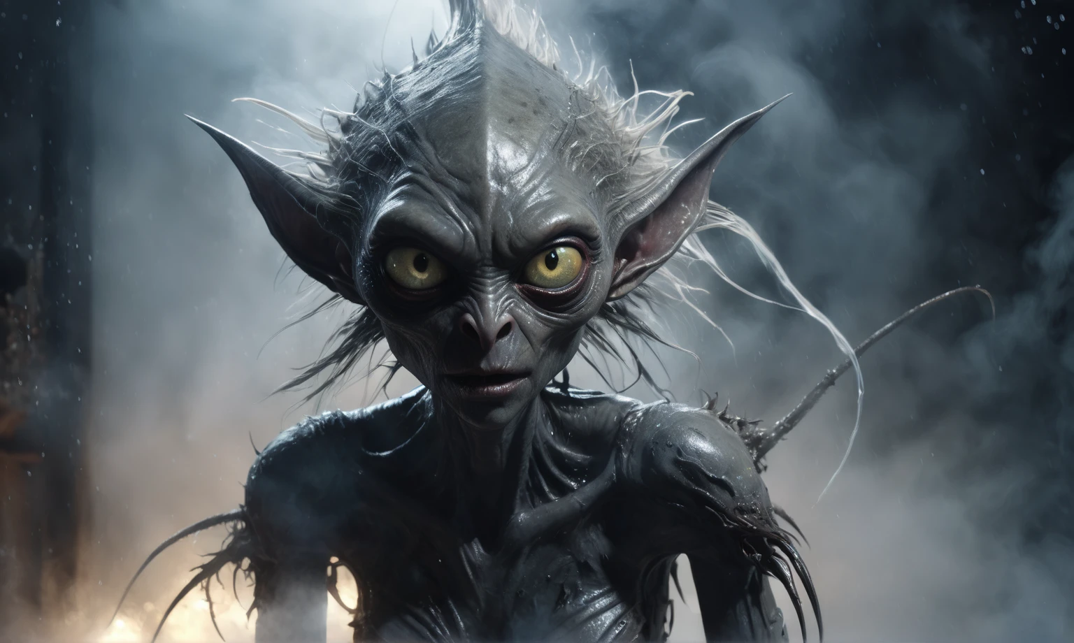 full body length,niobium goblin,native africa xenomorph,once pretty face,eyebrow up,full body shot,ominous landscape,niobium gray atmosphere,photo,photorealism,Masterpiece,natural skin textures, hyper realism,hyper detailed,High contrast,Realism,Ultra Detailed,irina yermolova,close full body shot,32K resolution,Nikon Z9, ,demonic, dust, smoke, audience, mist, featuring ultra-realistic and hyper-realistic elements,
Marta Bevacqua, Ellen Jewett, Kawacy, Katsuya Terada, Carne Griffiths, explosive lightning, concert lighting, bokeh, luminal space that feels
both bright and surreal. Includes liquid fluid elements for added depth and movement. Rendered in an unreal
engine and post-processed to achieve . Evokes a sense of dreamy, ethereal
and mystical mood,horror pixar movie still,thriller disney movie ,pixar render, animated