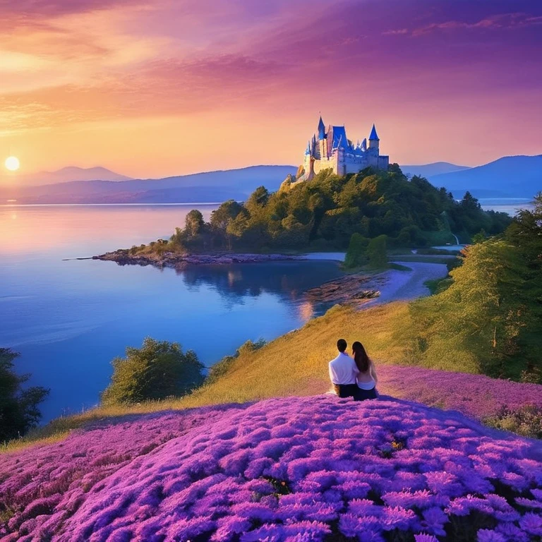 couple, romance, blue castle, aster purple, sunset