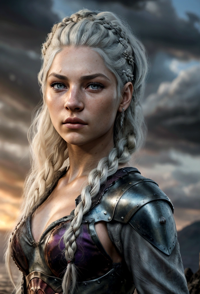 A realistic image for a photograph of a Targaryen princess in the appearance of a Targaryen warrior. Her body is incredibly defined, muscular, and feminine, reflecting both strength and grace. Her white hair cascades in multiple braids, adorned with intricate details. Her clear violet eyes emit a radiant energy, giving her an almost otherworldly aura. Her thick and precisely shaped eyebrows frame her striking and perfectly symmetrical face. The age girl of classic Valyrian appearance, with white hair, purple eyes and slim build, with violet eyes. Her expression is one of solemn determination, reflecting her preparation for battle. In the background, An active volcano spews fiery plumes, Its molten intensity contrasting with the gray sky above. The camera chosen captures the warrior's entire body, showing both her warrior stance and her inherent elegance. The image conveys the perfect mix of beauty, strength, and ferocity that defines this Targaryen warrior. The contrast between his delicate features and his robust physique, combined with the fiery backdrop, creates an image that is both captivating and evocative, Cinematic, Hyper Detailed, Crazy Details, Beautifully Colored, Unreal Engine, DOF, Super Resolution, Mega Pixel , cinematic Lightning, Antialiasing, FKA, TXAA, RTX, SSAO, Post-processing, Post-production, Tone mapping, cgi, visual effects, sound effects, Incredibly detailed and intricate, Hyper maximalist, Hyper realistic, volumetric, Photorealistic, ultra photoreal , ultra detailed, intricate details, super detailed, full color, volumetric lightning, HDR, realistic, Unreal Engine, 16k, sharp focus, octane rendering
