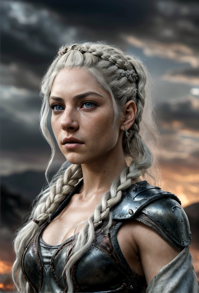 A realistic image for a photograph of a Targaryen princess in the appearance of a Targaryen warrior. Her body is incredibly defined, muscular, and feminine, reflecting both strength and grace. Her white hair cascades in multiple braids, adorned with intricate details. Her clear violet eyes emit a radiant energy, giving her an almost otherworldly aura. Her thick and precisely shaped eyebrows frame her striking and perfectly symmetrical face. The teenage girl of classic Valyrian appearance, with white hair, purple eyes and slim build, with violet eyes. Her expression is one of solemn determination, reflecting her preparation for battle. In the background, An active volcano spews fiery plumes, Its molten intensity contrasting with the gray sky above. The camera chosen captures the warrior's entire body, showing both her warrior stance and her inherent elegance. The image conveys the perfect mix of beauty, strength, and ferocity that defines this Targaryen warrior. The contrast between his delicate features and his robust physique, combined with the fiery backdrop, creates an image that is both captivating and evocative, Cinematic, Hyper Detailed, Crazy Details, Beautifully Colored, Unreal Engine, DOF, Super Resolution, Mega Pixel , cinematic Lightning, Antialiasing, FKA, TXAA, RTX, SSAO, Post-processing, Post-production, Tone mapping, cgi, visual effects, sound effects, Incredibly detailed and intricate, Hyper maximalist, Hyper realistic, volumetric, Photorealistic, ultra photoreal , ultra detailed, intricate details, super detailed, full color, volumetric lightning, HDR, realistic, Unreal Engine, 16k, sharp focus, octane rendering